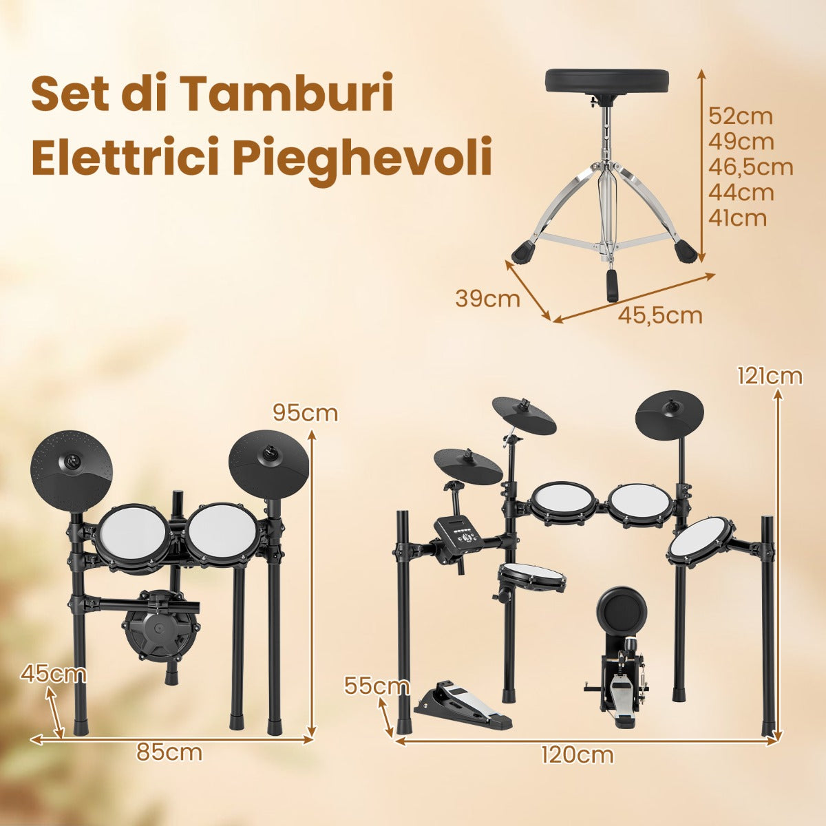 Batteria elettrica kit batteria pieghevole con tamburi a rete e piatti-Batteria elettrica con grancassa e 2 bacchette e 225 suoni Nero