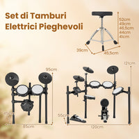 Batteria elettrica kit batteria pieghevole con tamburi a rete e piatti-Batteria elettrica con grancassa e 2 bacchette e 225 suoni Nero