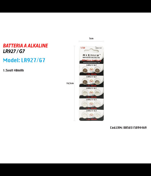 Batterie Alkaline Lr927/g7 1.5v 40mah Pile Bottone Orologi Telecomandi Maxtech         