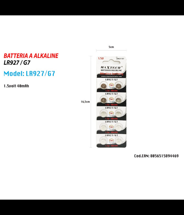Batterie Alkaline Lr927/g7 1.5v 40mah Pile Bottone Orologi Telecomandi Maxtech         