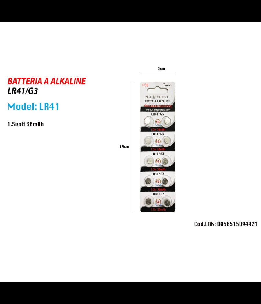 Batterie Pile Alkaline Lr41/g3 1.5v A Bottone Per Orologi Telecomandi Maxtech Lr41         