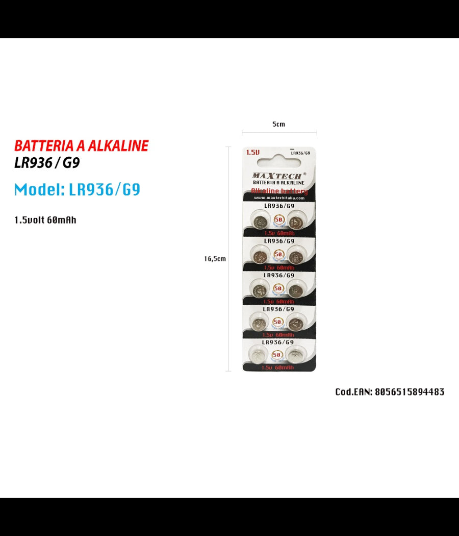 Batterie Pile Alkaline Lr936/g9 1.5v Bottone 60mah Per Orologi Telecomandi Maxtech         