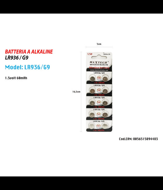 Batterie Pile Alkaline Lr936/g9 1.5v Bottone 60mah Per Orologi Telecomandi Maxtech         