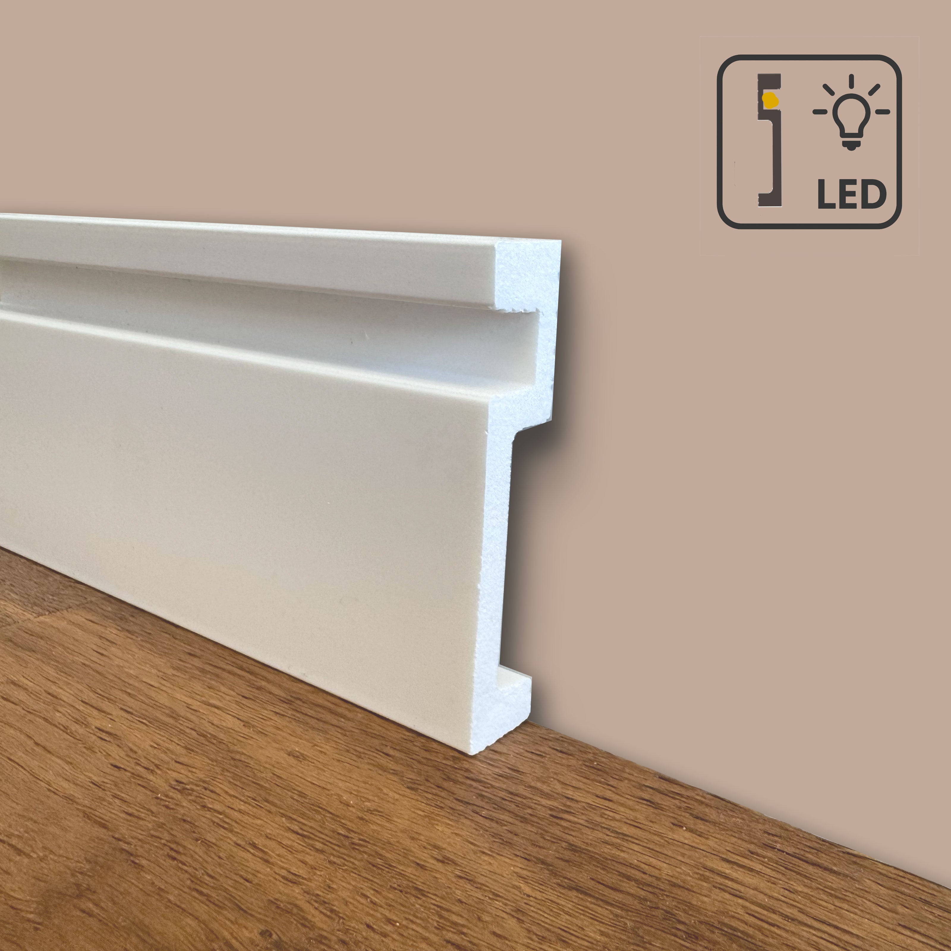100ml di Battiscopa Quadro predisposizione LED in POLIMERI linea BASICBOARD  100x20mm - BIANCO pitturabile