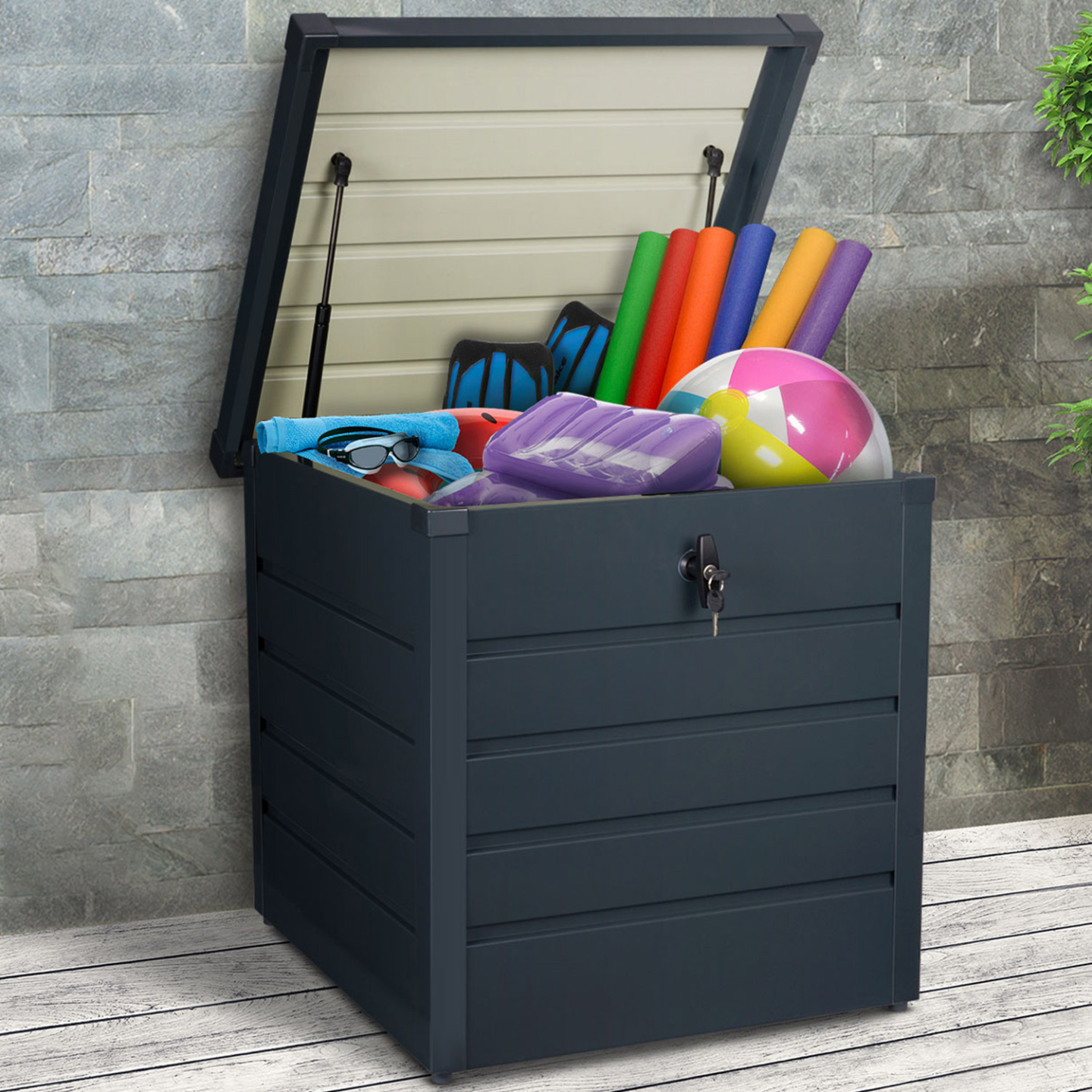 IDMarket - Baule contenitore metallico con serratura grigio antracite per giardino 200L