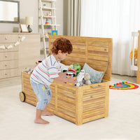 Baule da giardino in legno acacia 182L con 2 ruote borsa interna impermeabile, Contenitore da esterno 127x50x45cm-Casette da giardino