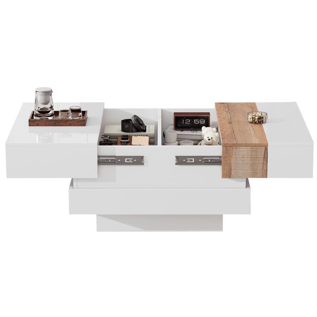 Tavolino da caffè quadrato 70x70x39 cm bianco lucido con piano estraibile e vano contenitore