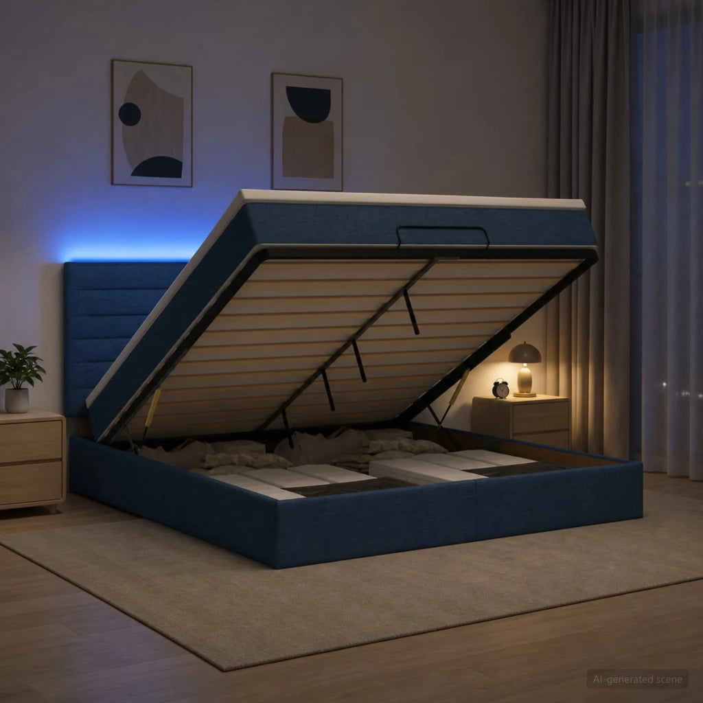 Letto Ottomano con Materasso e LED Blu 180 x 200 cm Tessuto 3458013