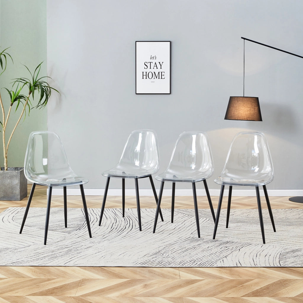 Sedie da pranzo trasparenti, 4 pezzi in plastica con gambe in metallo nero e piedini antiscivolo
