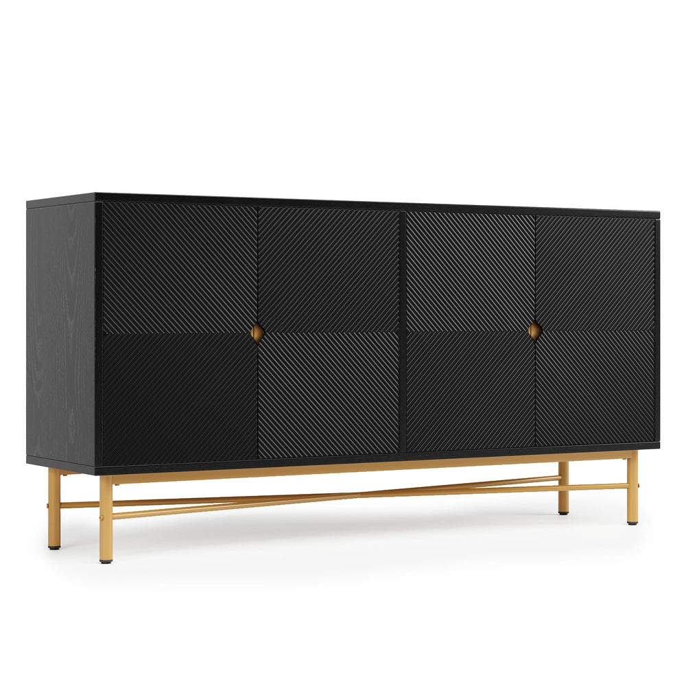 Credenza 4 Ante con Texture in Rilievo ¨C MINIMAL ¨C Nero Lucido, Gambe Dorate, 160x40x82cm
