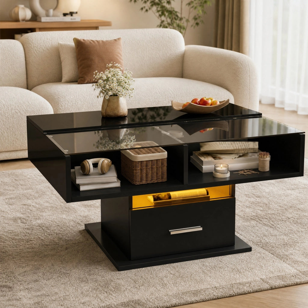 Tavolino da salotto sollevabile quadrato 78x78 cm; nero; in truciolare con LED e spazio contenitivo