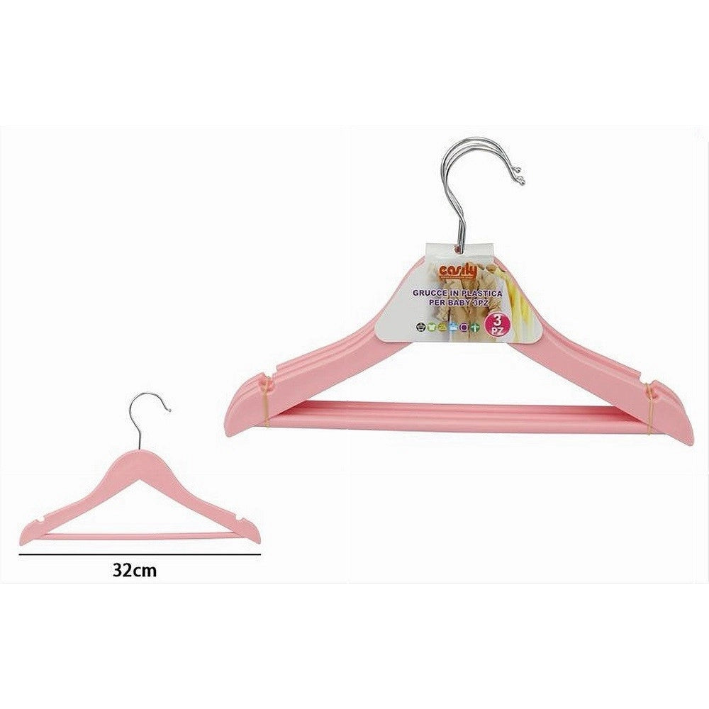 Trade Shop - Set 3 Pz Grucce Stampelle Appendiabiti Vestiti Pantaloni Per Bambini Rosa 79312 -