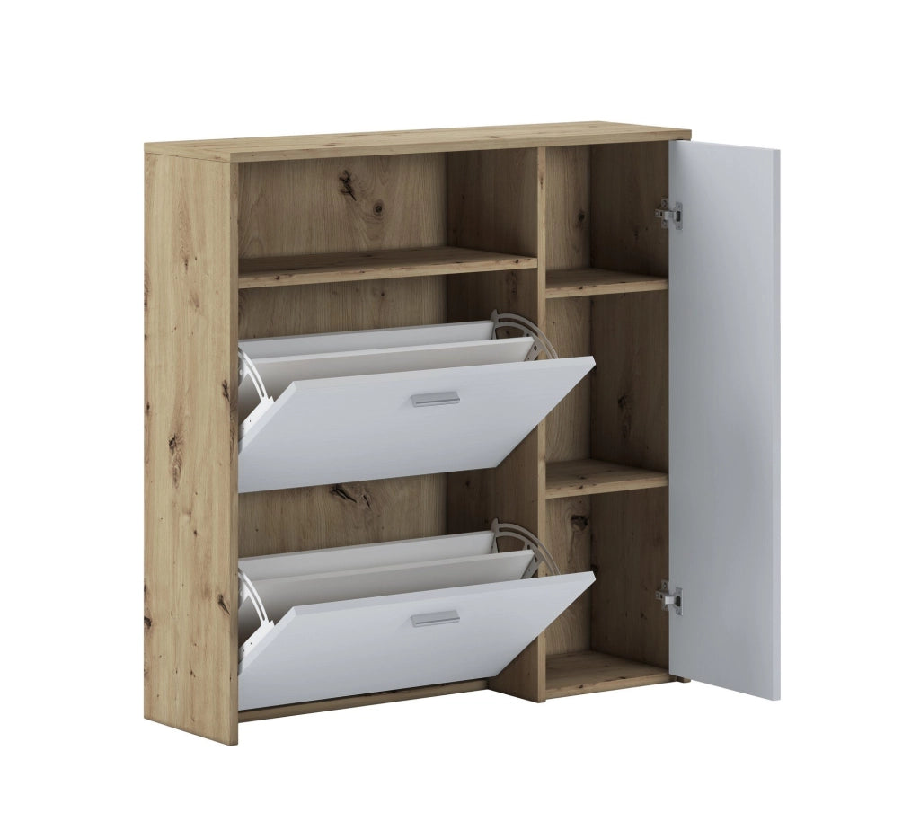 Mobile da ingresso Scultore, Entratina appendiabiti, Composizione per atrio, Consolle portaoggetti multifunzione, 92x27h94 cm, Rovere e Bianco