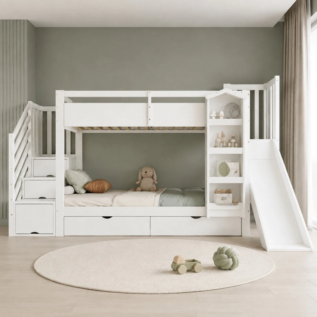 Letto a castello per bambini con scivolo; scala contenitore e 2 cassetti; bianco; 90x200 cm