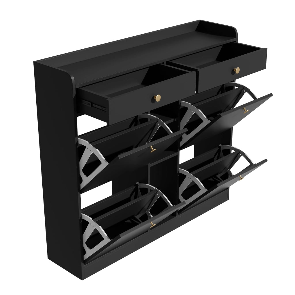 Scarpiera con 4 ante a ribalta, 2 cassetti e 3 vani aperti in pannello truciolare nero 110 × 26 × 100 cm