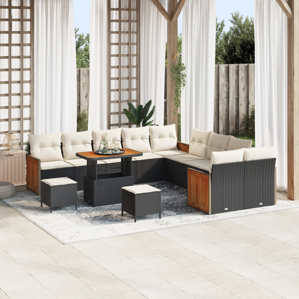 Set da Giardino di 13 Pezzi con Cuscini Nero Polirattan Acacia