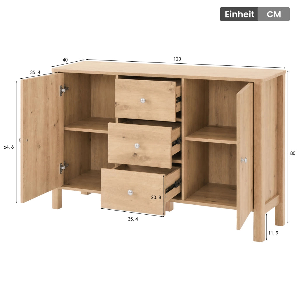 Credenza con 3 cassetti e 2 ante con ripiano interno per soggiorno sala da pranzo e camera da letto 120 × 40 × 80 cm
