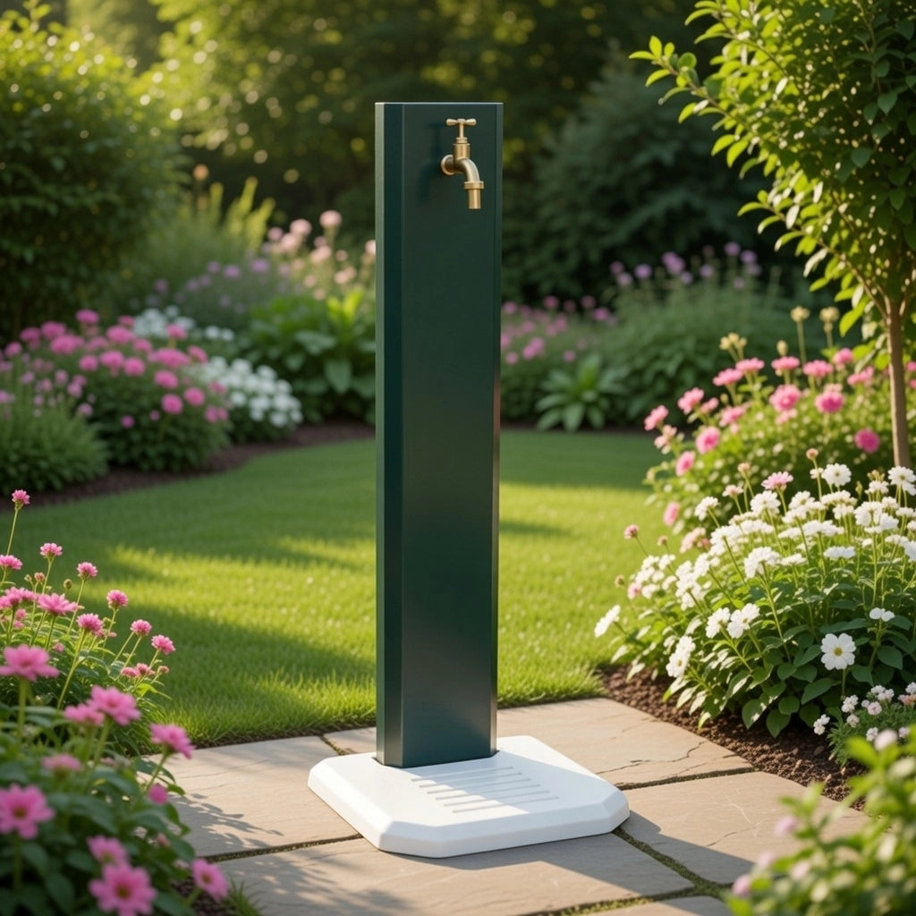 Fontana da Giardino Design a Colonna Ovale Rubinetto in Ottone con Base in Cemento Verde
