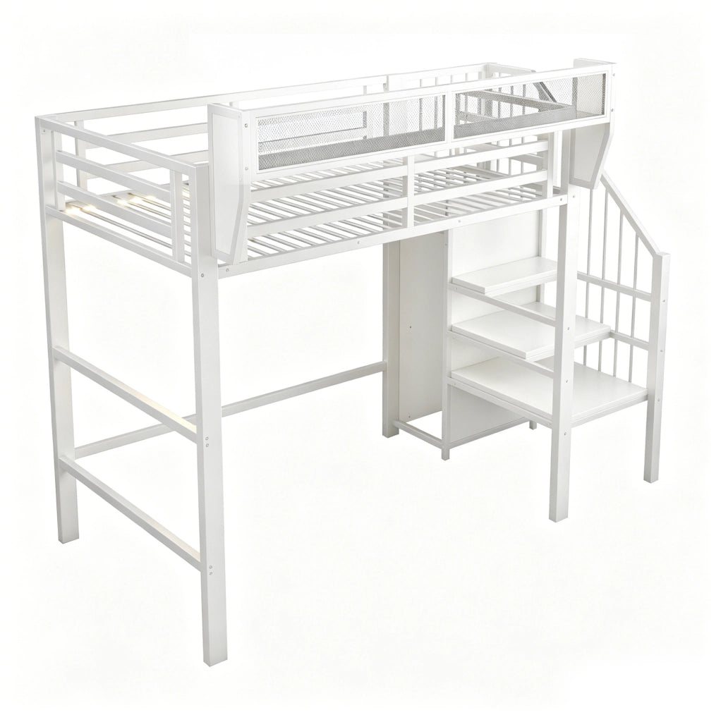 Letto a soppalco 90x200 cm in metallo e MDF; con LED; scala di sicurezza; bianco