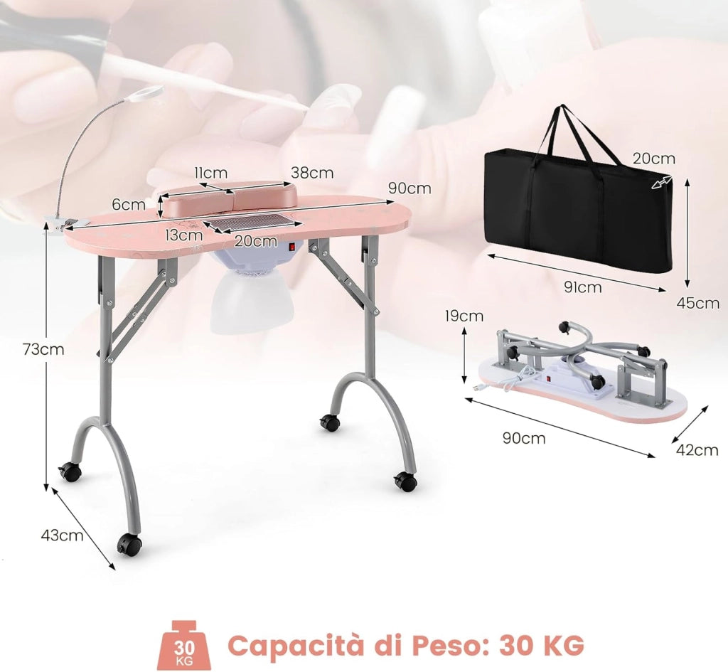 COSTWAY Tavolo per Manicure Pieghevole con Aspiratore, Tavolo per Unghie Portatile con Luce LED Regolabile, Cuscino Poggia Polso Rimovibile, Borsa da Trasporto e 4 Ruote Bloccabili (Rosa)