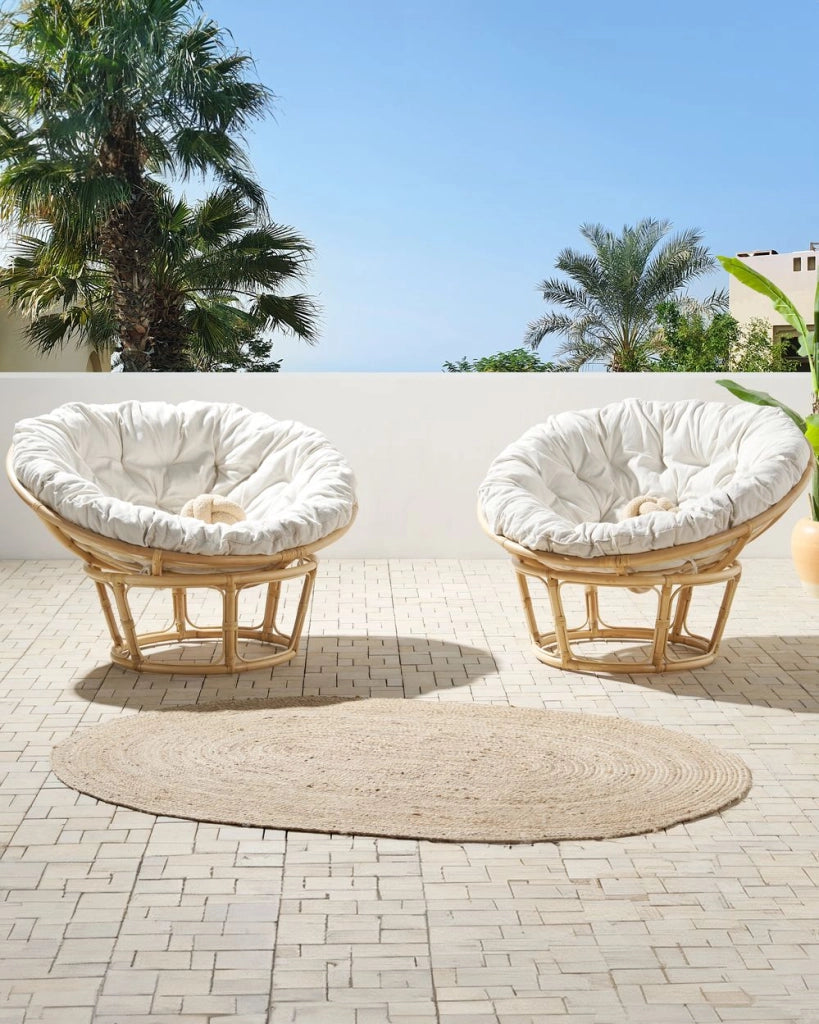 Set di 2 Sedie Cuscini in Rattan Naturale Cotone Beige Chiaro Media Resistenza Interni Esterni Stile Boho Giardino Patio Balcone