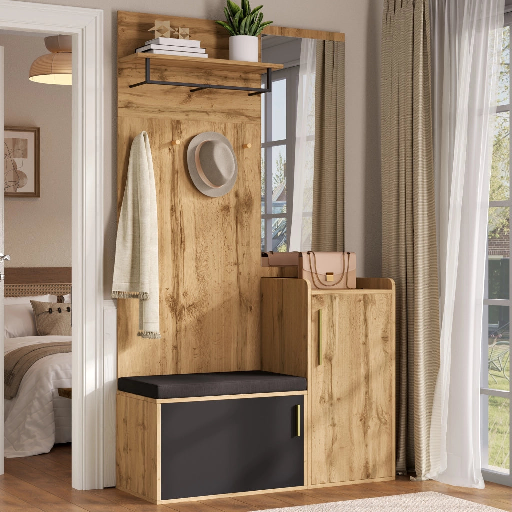 Mobile Ingresso con Specchio e Panca; Scarpiera con 1 Anta; Ganci e Ripiano; Stile Moderno; in Pannelli di Particelle; Nero e Rovere; 100??38??185 cm