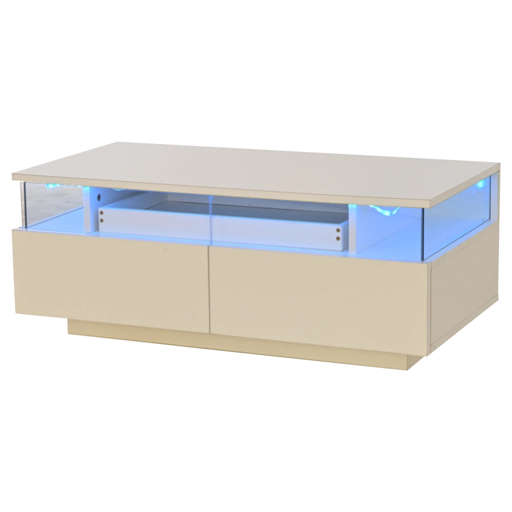 Tavolino da caffè 90 x 45 x 35,5 cm bianco lucido con vassoio estraibile, 2 cassetti, LED e piano in vetro temperato