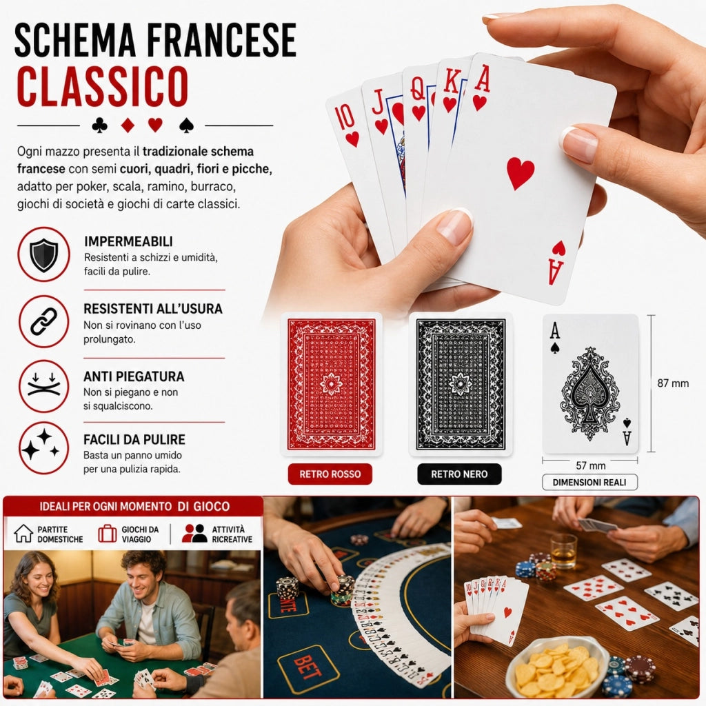 2 Mazzi Carte Francesi Plastificate 52 Carte + 2 Matte Rosso Nero