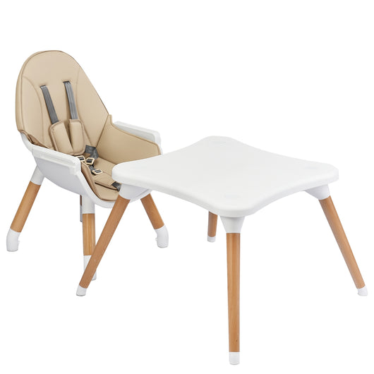 Seggiolone 4 in 1 con cintura di sicurezza a 5 punti, Vassoio smontabile e regolabile in 4 posizioni e cuscino in PU Beige-Seggioloni