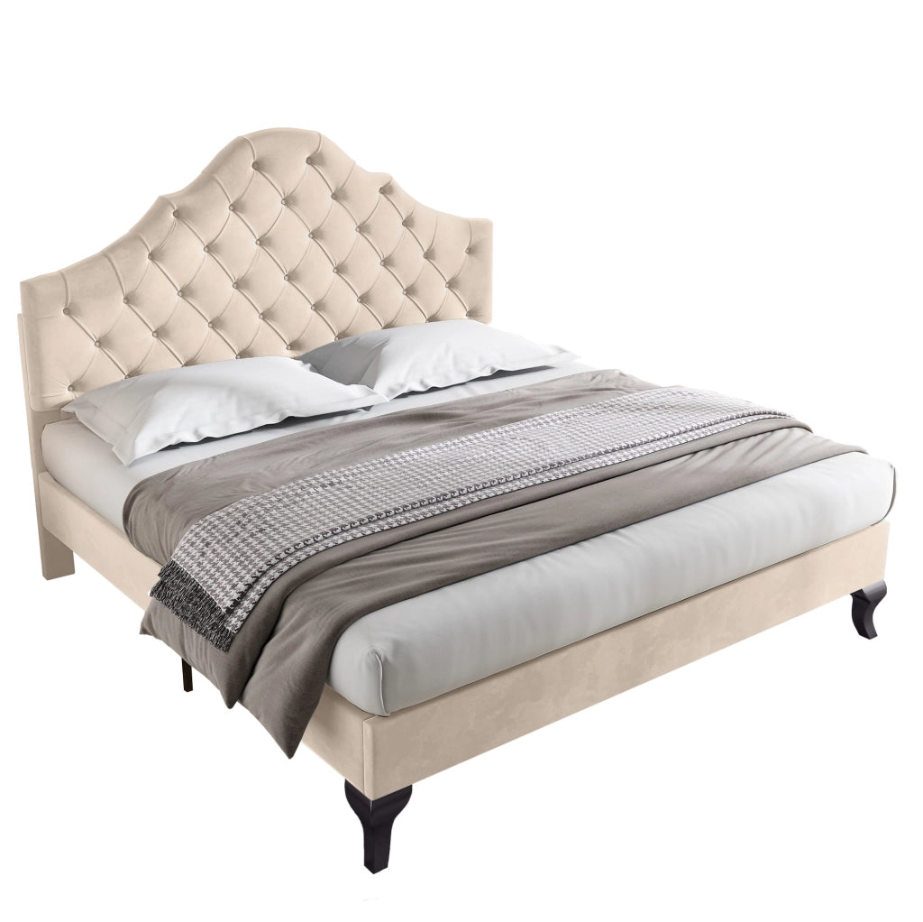 Letto imbottito 140x190 cm con rete a doghe e testiera regolabile in altezza; velluto off white