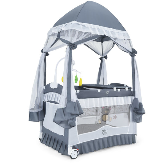 Doppio lettino portatile per bambino con tenda Yurta e ruote-Culla lettino per bimbi con zanzariera e giostra 110x78x200cm Grigio