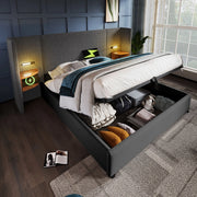 LETTO Contenitore 160x200 cm Grigio in Lino con USB Type-C e lampada da lettura