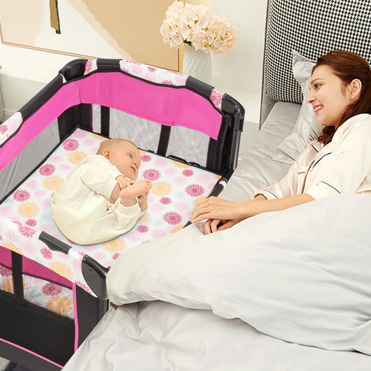 Box portatile 3 in 1 per bambini-Letto pieghevole con tasca carillon giocattoli carini Rosa