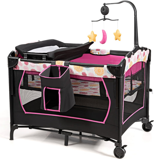 Box portatile 3 in 1 per bambini-Letto pieghevole con tasca carillon giocattoli carini Rosa