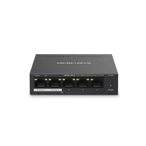 Switch mercusys ms105gp 5p lan gigabit con 4p gigabit poe+ compatibile con 802.3af/at pds, 65 w poe power