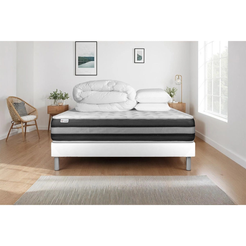 Pacchetto letto completo - Materasso 140x190cm + Box spring con doghe (in kit) + 2 cuscini + Piumino - Vitalspring Zen