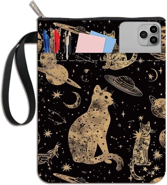Libreria con gatto, stella e pianeta, protezione per paperback, copertina in tessuto con cerniera.