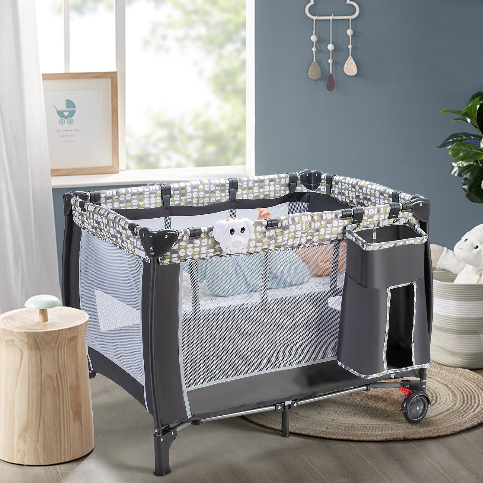 Box portatile con carillon, ruote bloccabili e borsa di trasporto, Culla con rete smontabile e regolabile-Culle