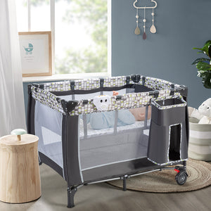 Box portatile con carillon, ruote bloccabili e borsa di trasporto, Culla con rete smontabile e regolabile-Culle