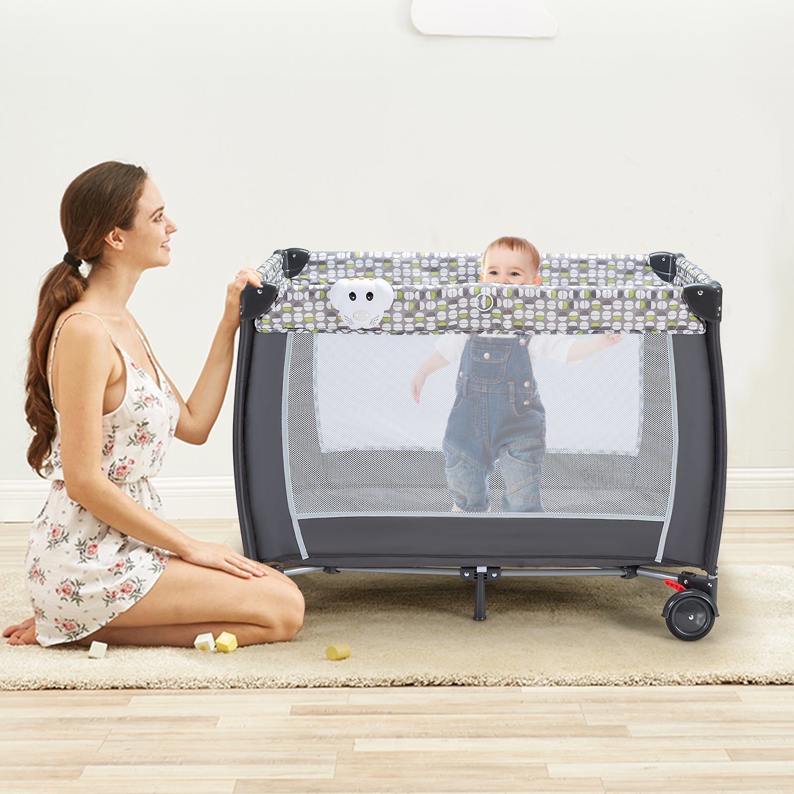 Box portatile con carillon, ruote bloccabili e borsa di trasporto, Culla con rete smontabile e regolabile-Culle