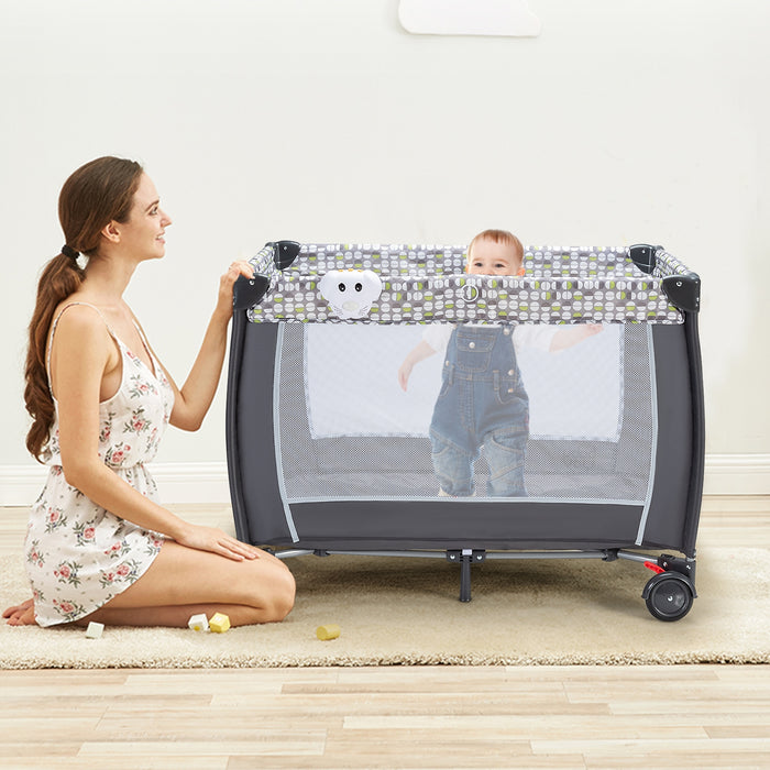 Box portatile con carillon, ruote bloccabili e borsa di trasporto, Culla con rete smontabile e regolabile-Culle