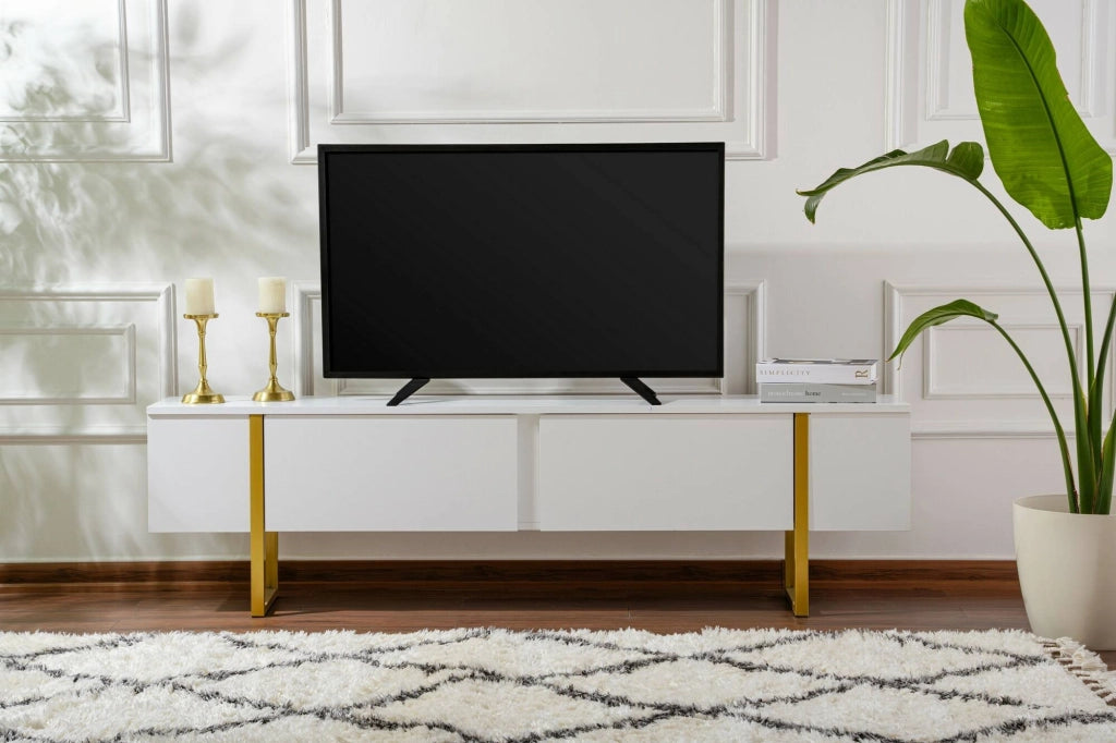 Mobile porta TV Lilith, Credenza da soggiorno, Armadio basso per TV, Base parete attrezzata, 180x30 h50 cm, Bianco e Oro