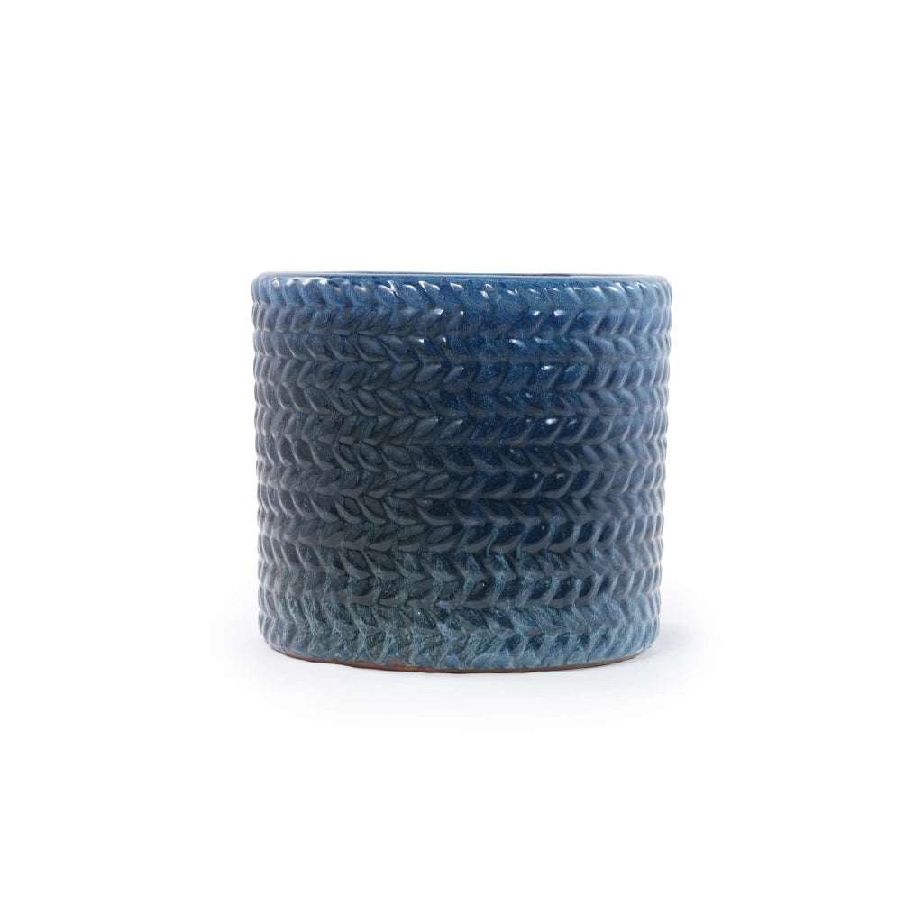 Vaso in ceramica Ø31 cm blu scuro lucido con rilievo a spina di pesce, per piante da interno e aromatiche