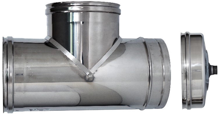 RACCORDO A T INOX AISI 316L PER STUFE + TAPPO Ø cm.12 FEM/FEM/MAS