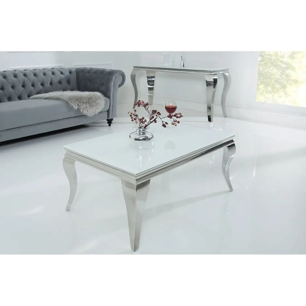 Table bassa VELENA 100 cm argentata con vetro temperato opaco – Gambe curve in stile barocco