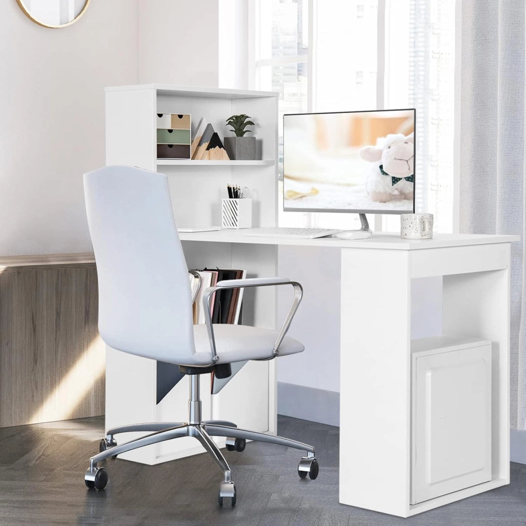 Scrivania con libreria, scrivania per computer, tavolo da ufficio con ripiano laterale destro o sinistro, tavolo da lavoro, 6 ripiani, tavolo da gioco, tavolo per computer portatile, in legno