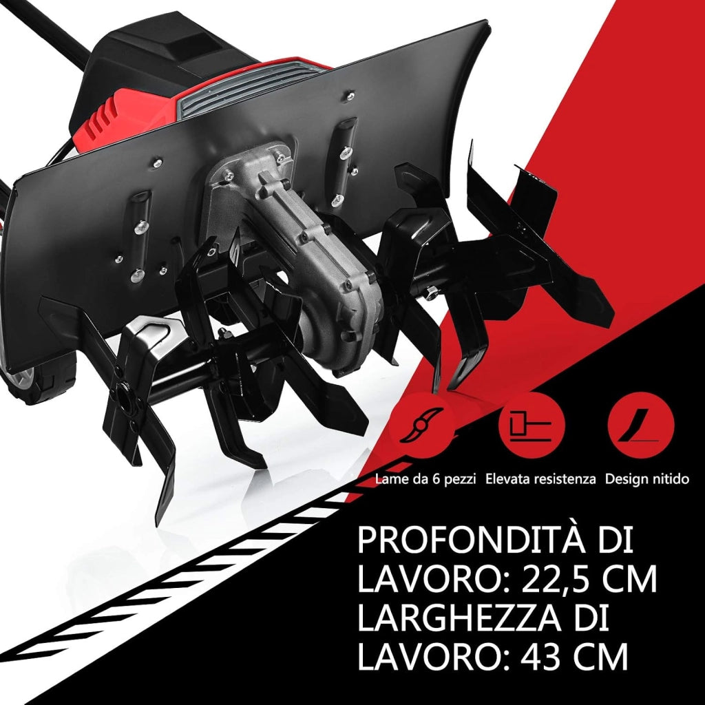 Motozappa Elettrica 1500W, Zappatrice Elettrica con Maniglia Pieghevole, Ruote Regolabili, 6 Lame, Velocità 400 PRM, Profondità 22 cm, Larghezza 43 cm (Rosso, 1500 W)