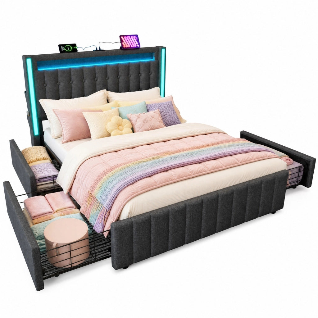 Letto imbottito matrimoniale 160x200 cm in tessuto effetto lino grigio con LED; USB e 4 cassetti