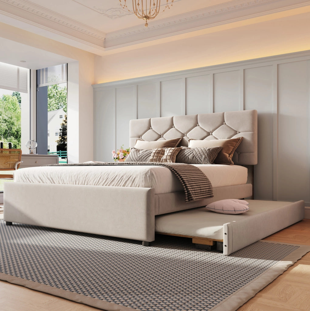 Letto imbottito 140x200 cm con letto estraibile in velluto beige