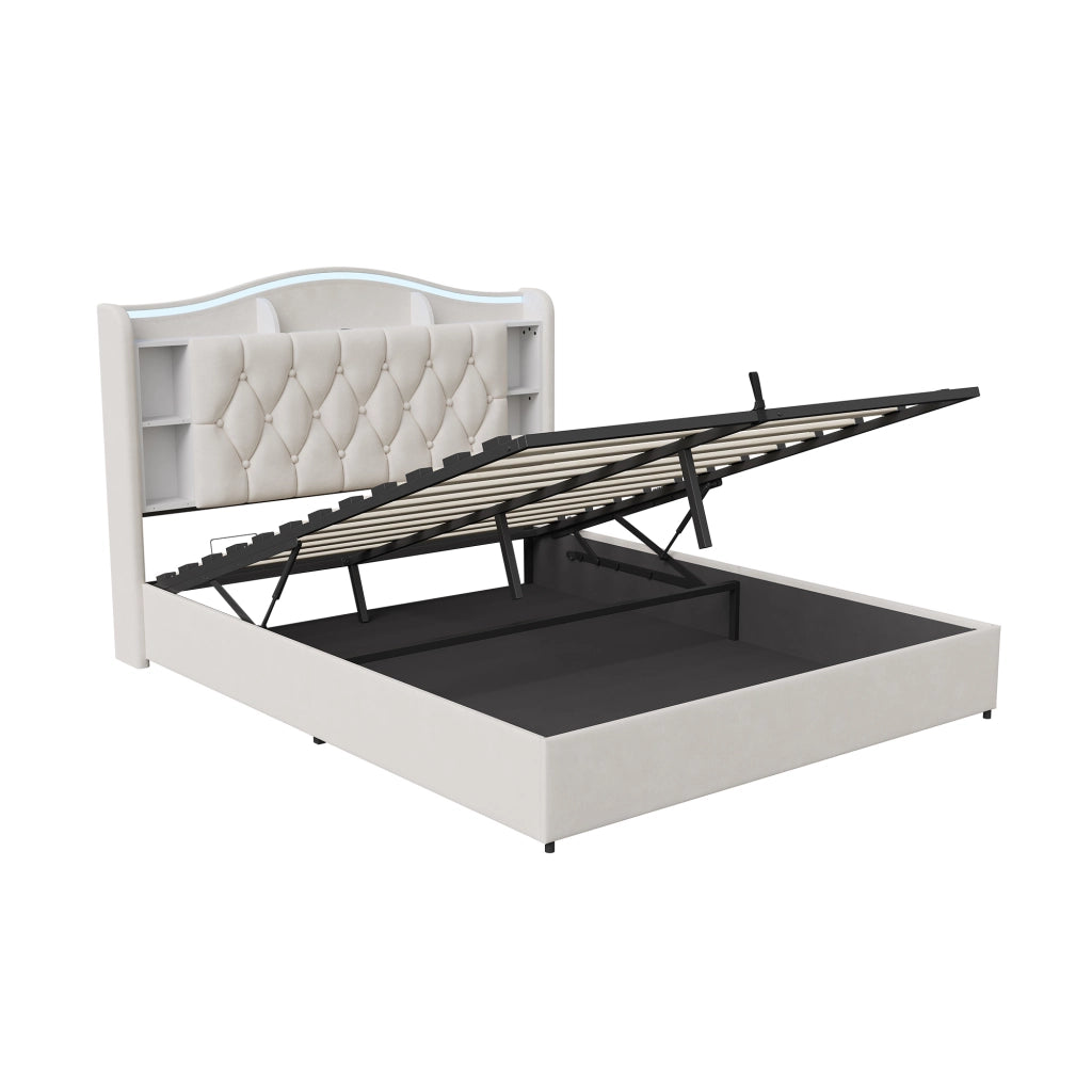 Letto a molle a sollevamento idraulico, testiera velluto beige, con luci LED RGB, stazioni di ricarica USB e wireless, scomparti porta oggetti, 160x190 cm